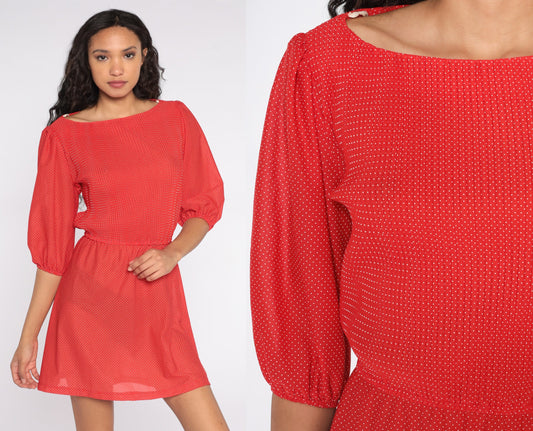 80s Red Polka Dot Mini Dress Puff Sleeve High Waisted Medium