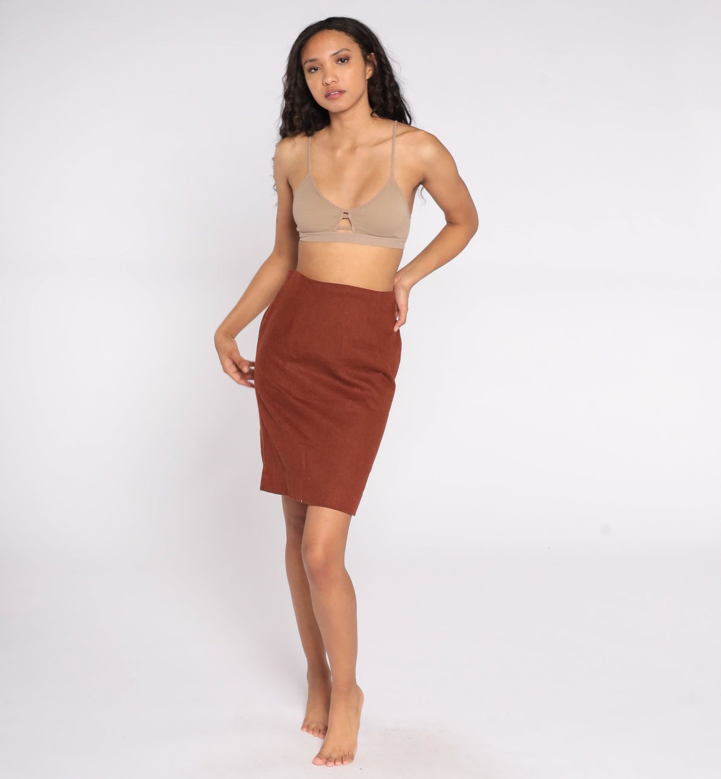 80s Brown Wool Mini Pencil Skirt High Waist Small S