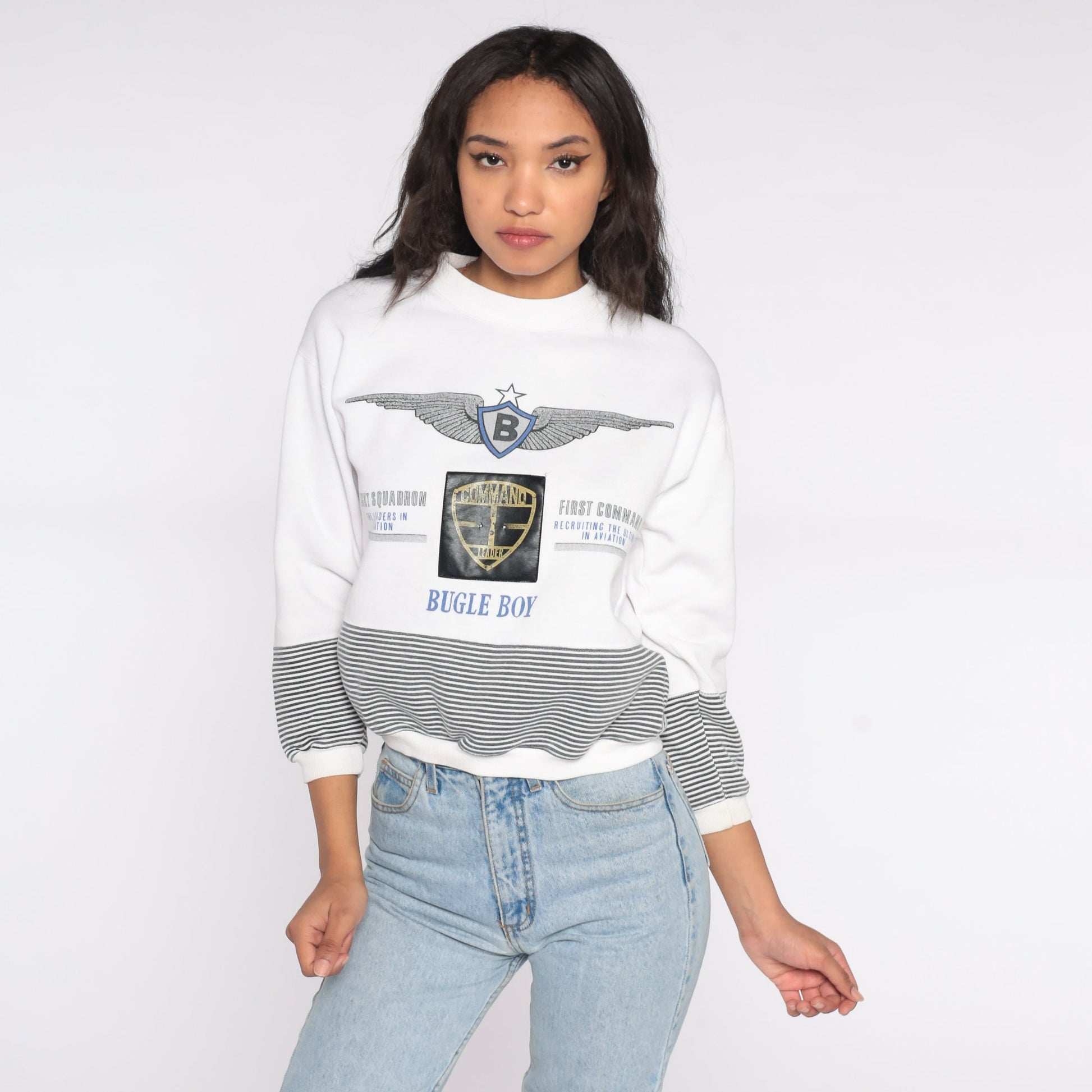90s Bugle Boy White Striped Military Sweatshirt Extra Small XS