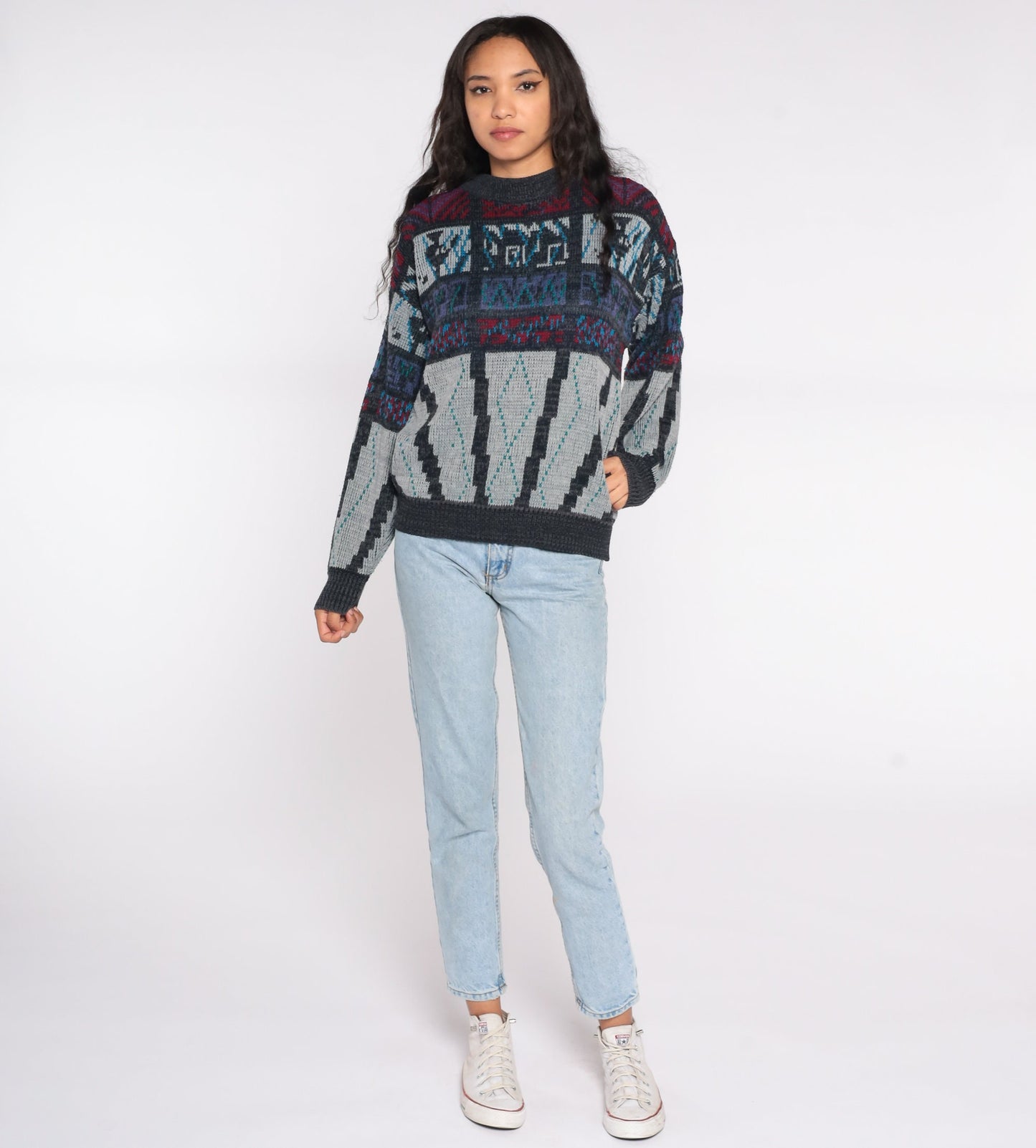 90s Geometric Sweater Charcoal Grey Red Knit Crewneck Large