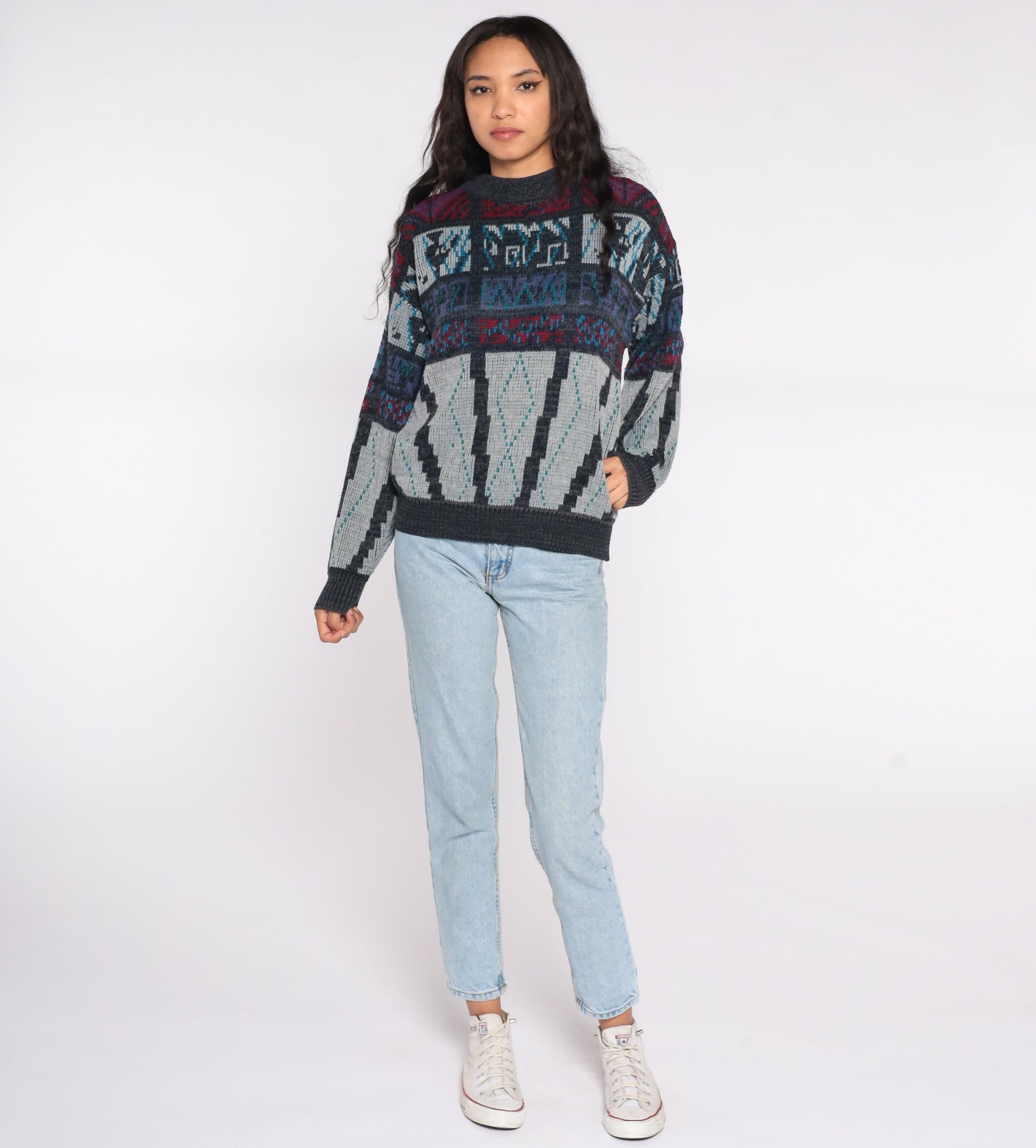 90s Geometric Sweater Charcoal Grey Red Knit Crewneck Large
