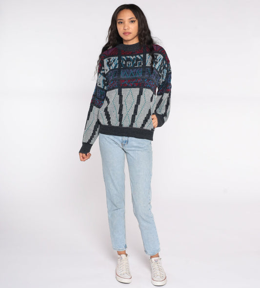90s Geometric Sweater Charcoal Grey Red Knit Crewneck Large