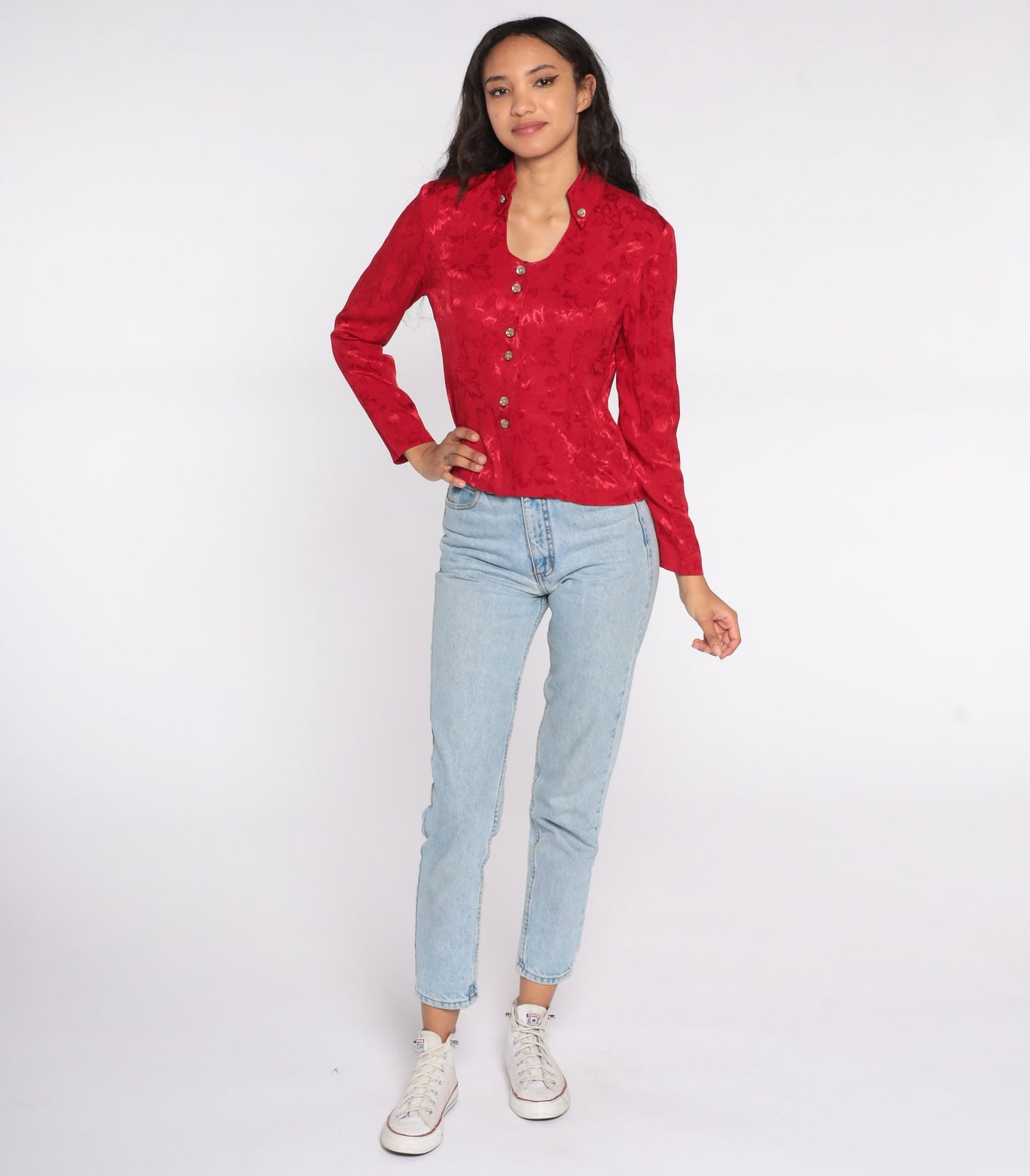 90s Red Leaf Embossed Button-Up Blouse Long Sleeve Medium M