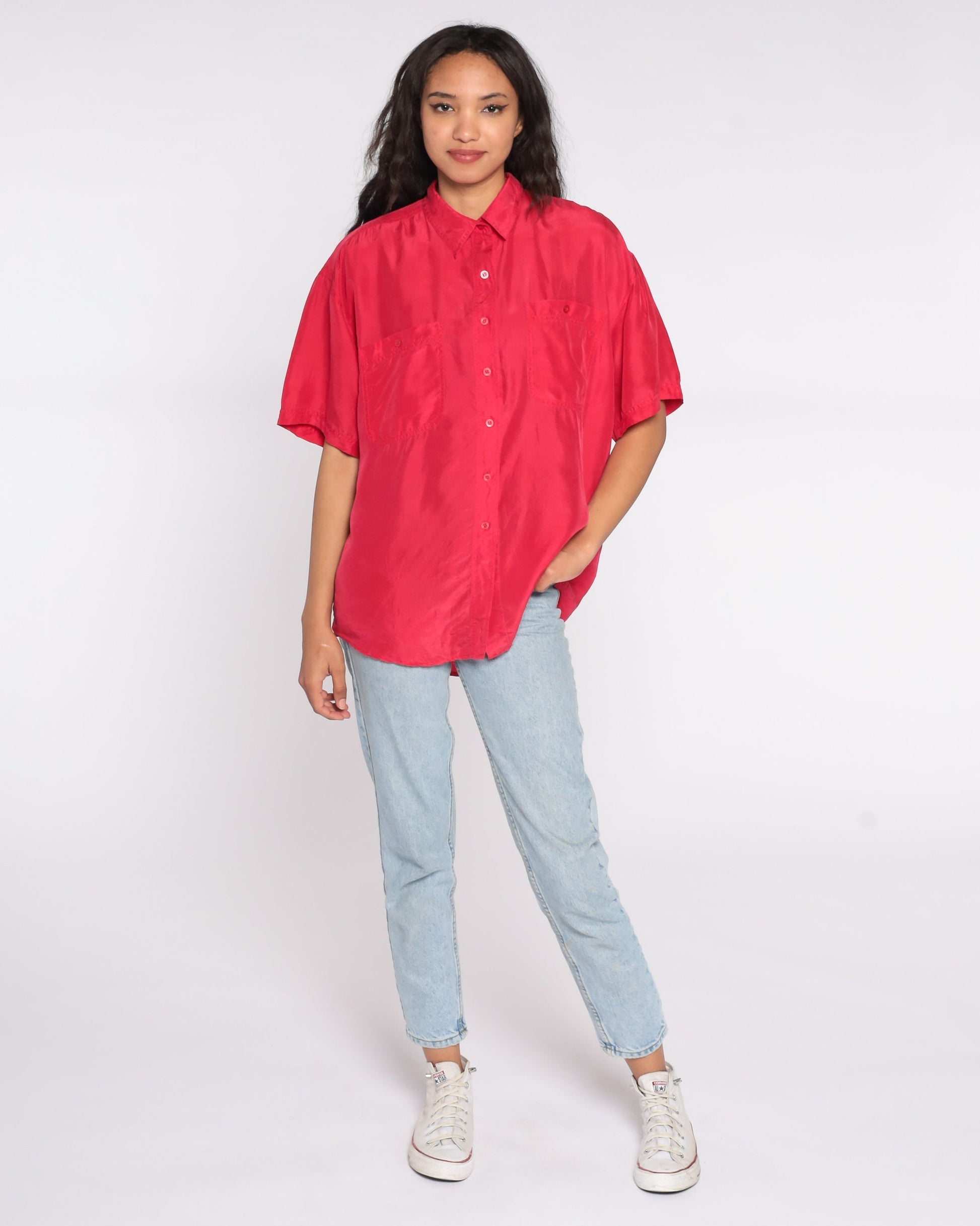 90s Red Silk Button-Up Shirt Short Sleeve Blouse Medium M