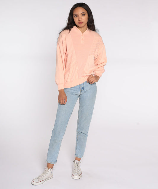80s Peach Henley Sweatshirt Button Neck Long Sleeve Knit Small S