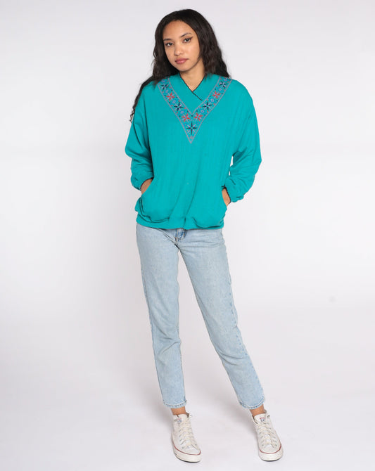 80s Teal Geometric Necklace Print Sweatshirt Scalloped Collar Medium