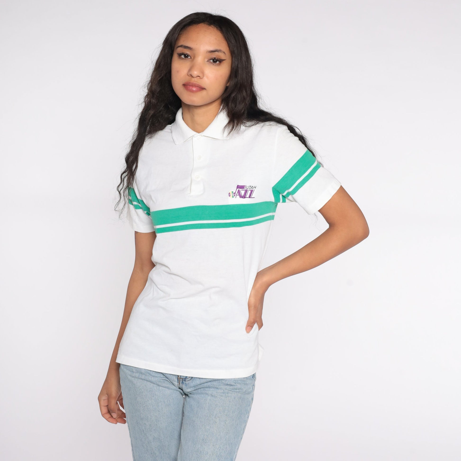 80s Utah Jazz NBA Polo Shirt White Green Striped Half Button Medium