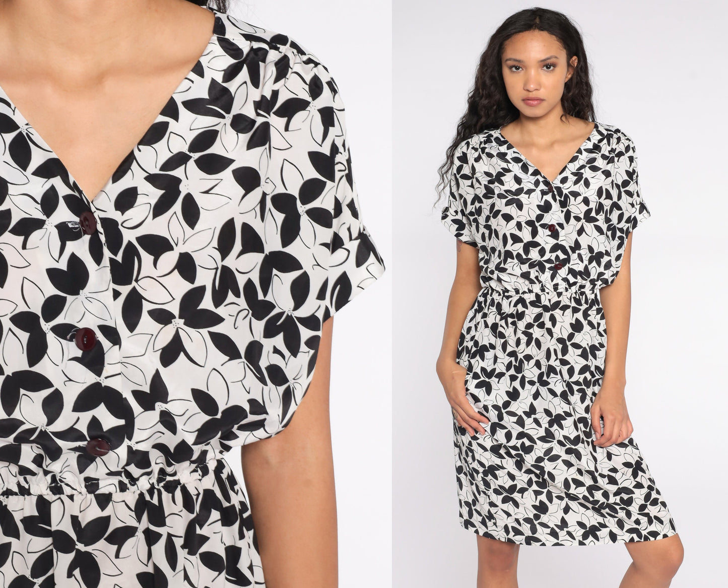 80s Black White Floral Midi Dress Button-Up Short Sleeve Medium