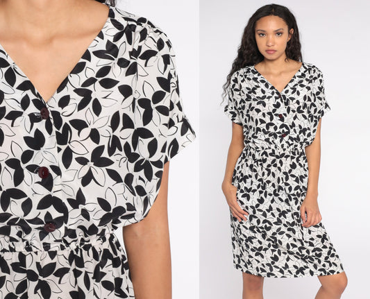 80s Black White Floral Midi Dress Button-Up Short Sleeve Medium
