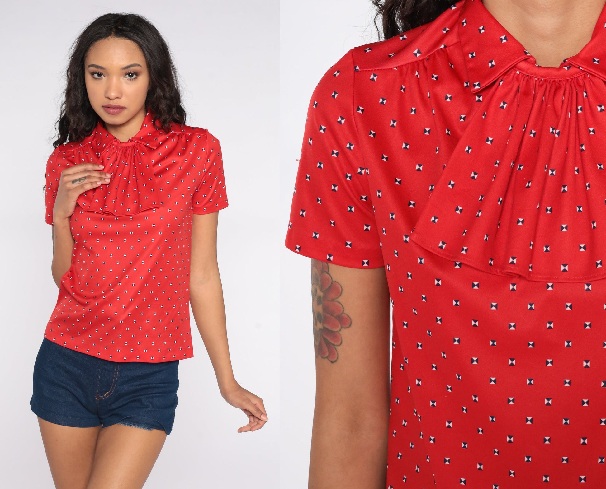 70s Red Ruffle Collar Blouse Short Sleeve Geometric Print Small