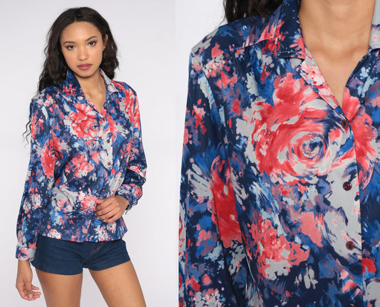 70s Watercolor Rose Print Button-Up Shirt Blue Red Long Sleeve Large