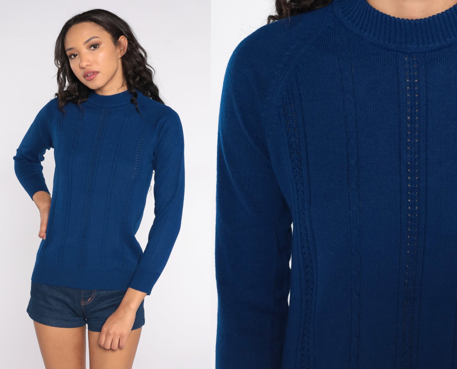 70s Navy Cable Knit Mock Neck Sweater Pullover Small S