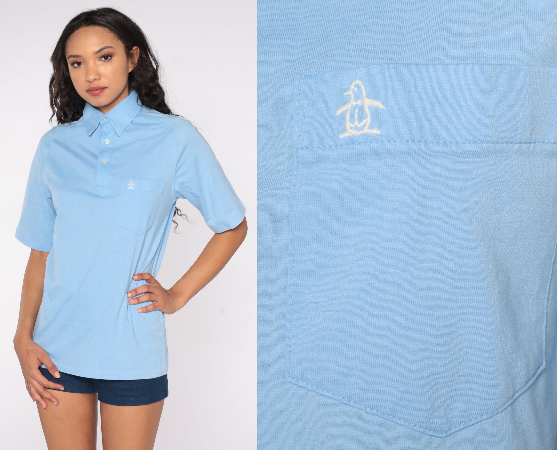 80s Munsingwear Penguin Polo Shirt Baby Blue Half-Button Pocket Medium