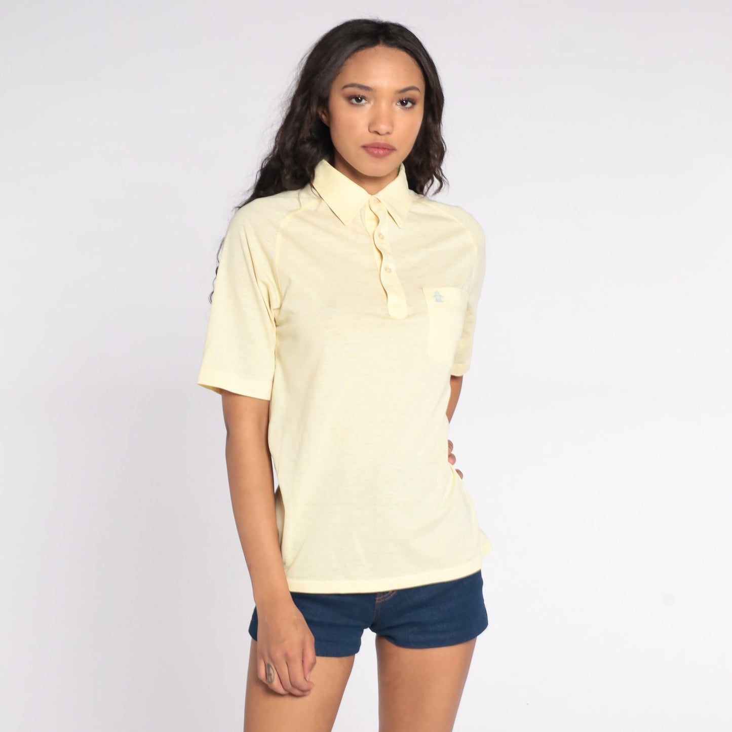 70s Munsingwear Penguin Polo Shirt Yellow Half-Button Short Sleeve Small