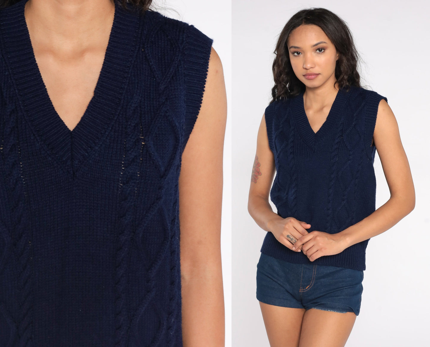 80s Navy Cable Knit Sweater Vest Sleeveless V-Neck Medium