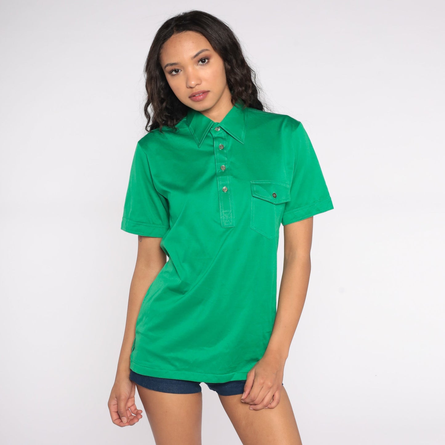 70s Green Polo Shirt Half Button Cotton Blend Short Sleeve Small