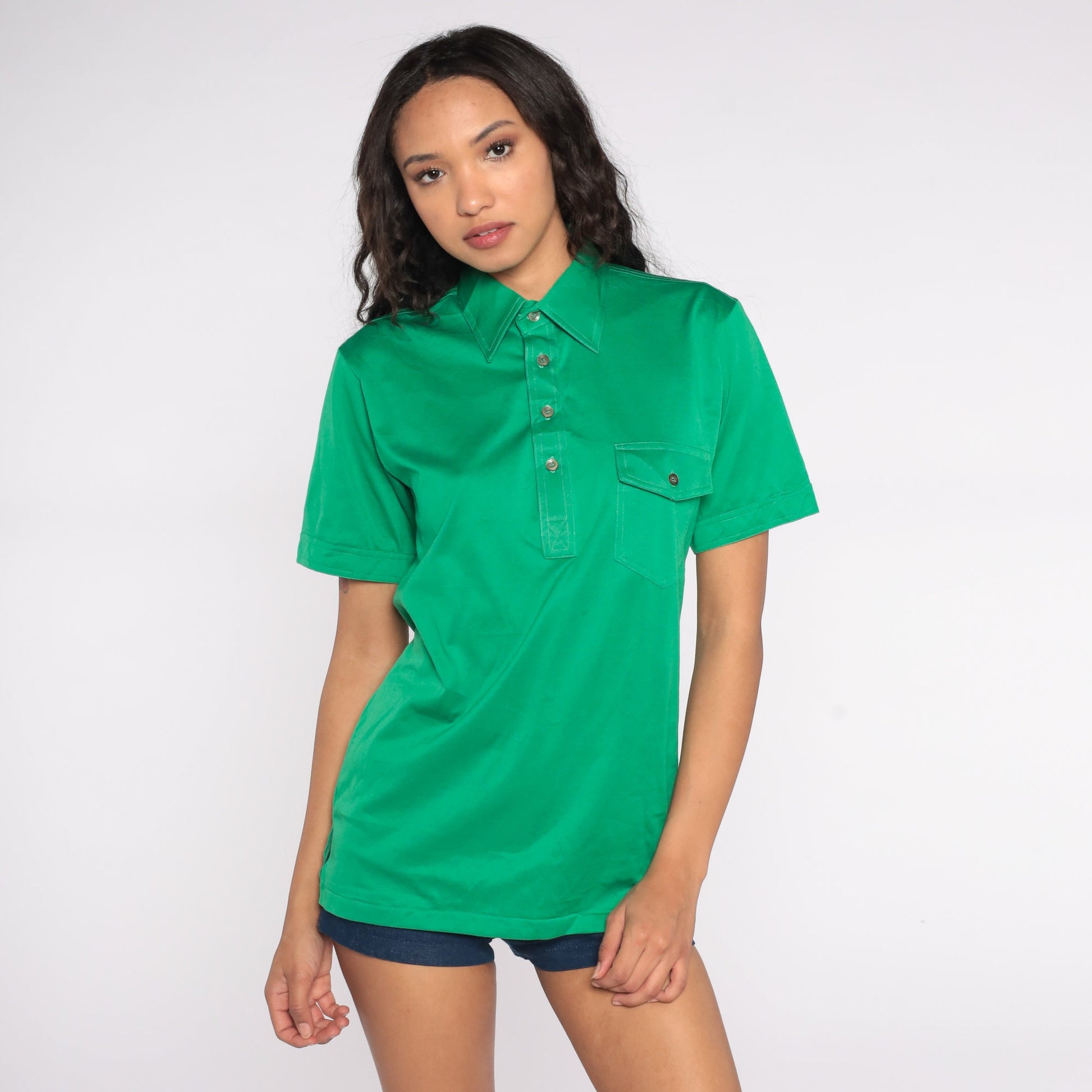 70s Green Polo Shirt Half Button Cotton Blend Short Sleeve Small