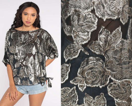 80s Metallic Silver Rose Floral Sheer Blouse Dolman Sleeve Small