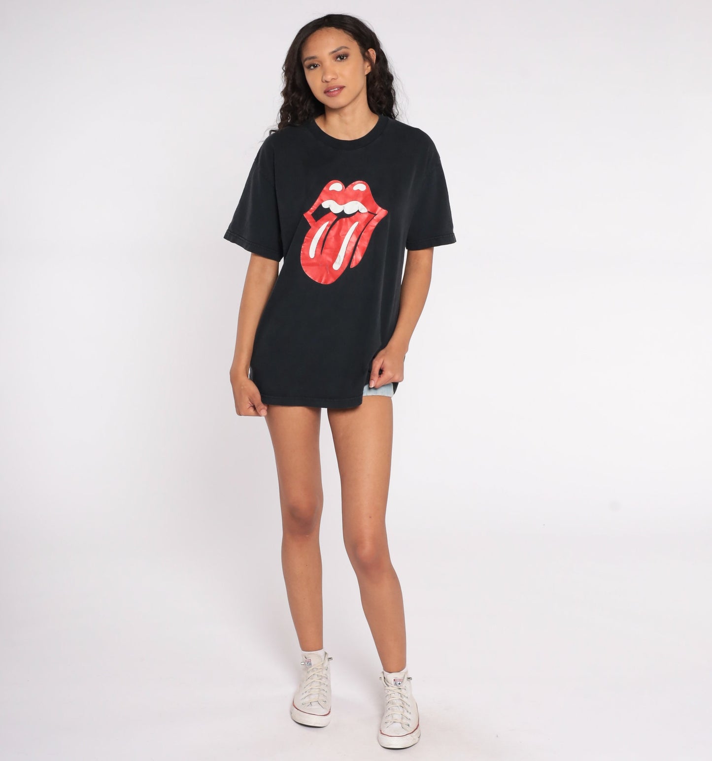 90s Lips Tongue Graphic Band T-Shirt Black Cotton Tee Medium M