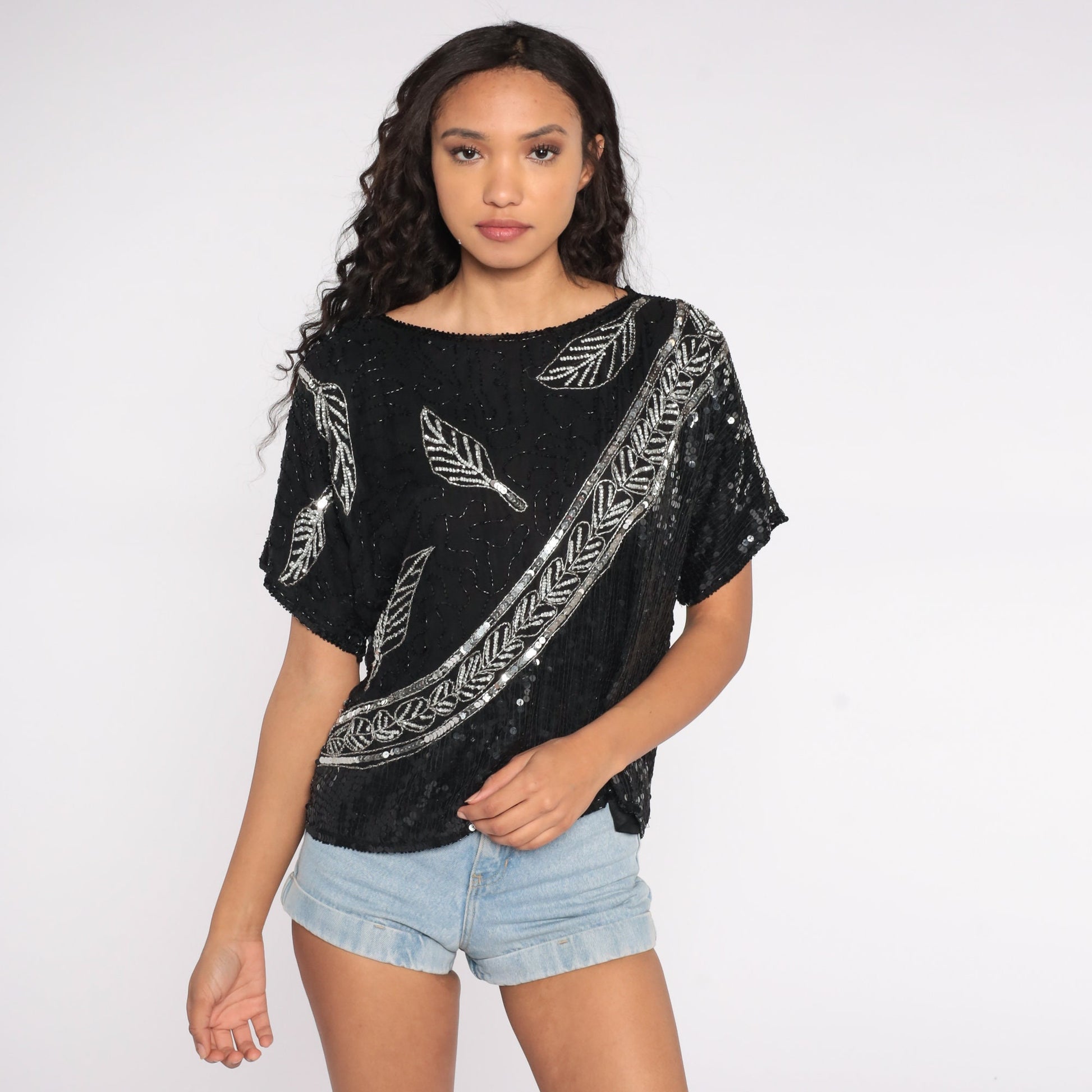 80s Black Silk Sequin Beaded Blouse Silver Leaf Print Disco Top Medium