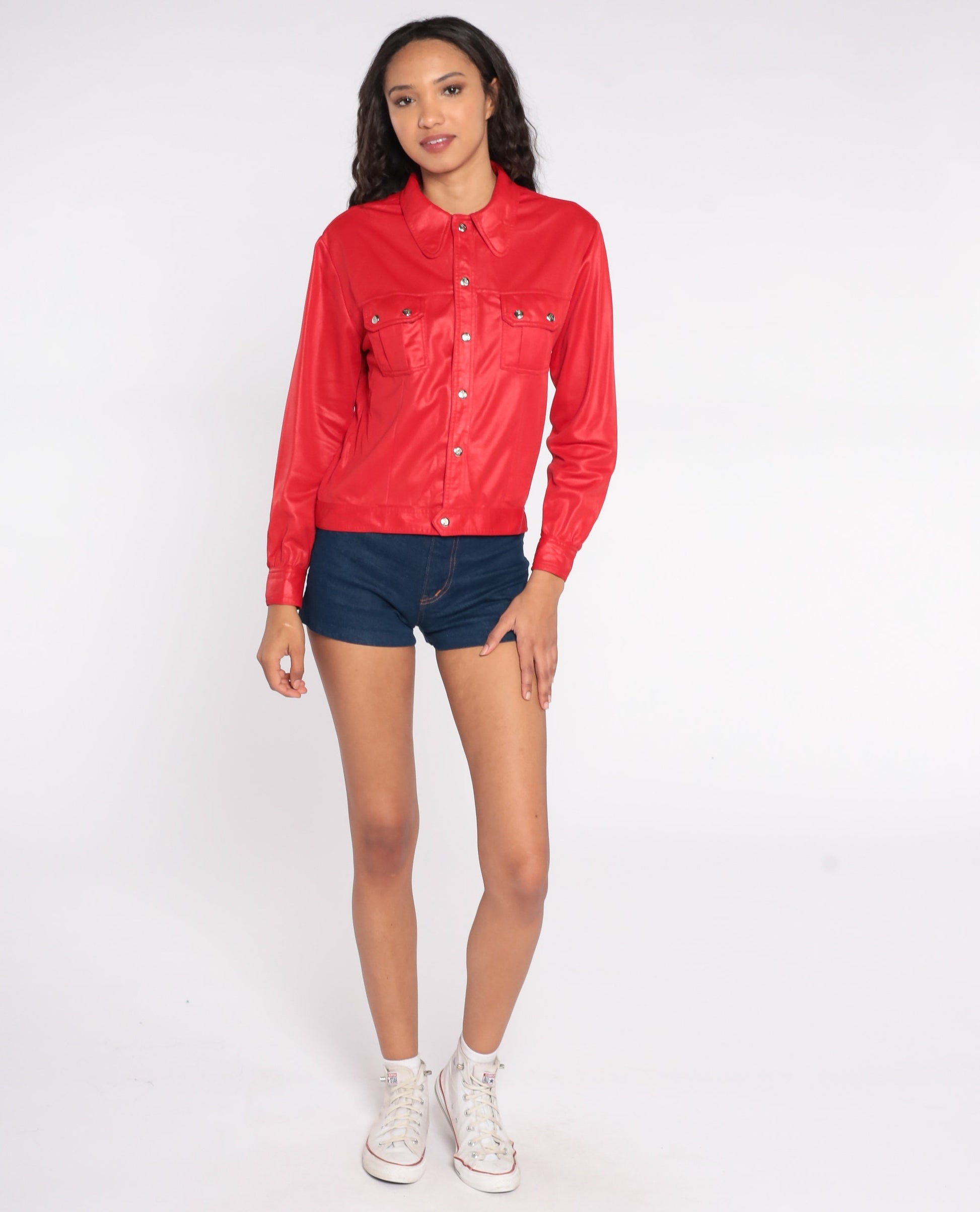 70s Red Shimmery Biker Blouse Snap-Front Long Sleeve Shirt Small
