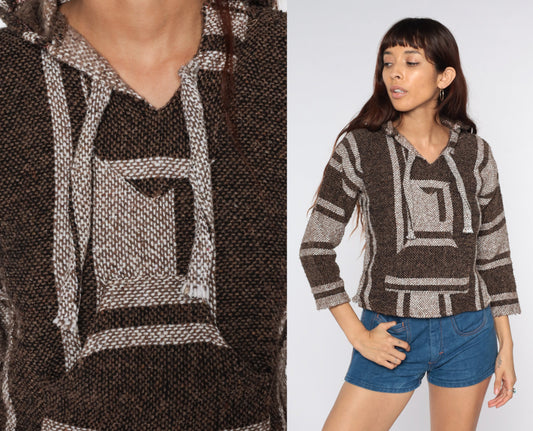 90s Mexican Drug Rug Hoodie Brown Stripe Kangaroo Pocket XXS
