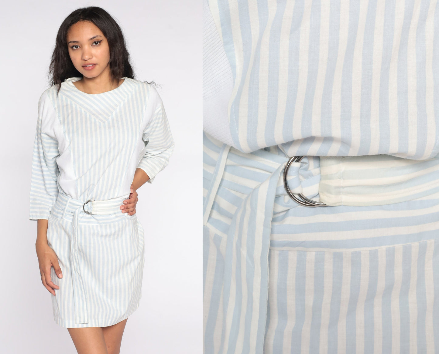 80s Striped Mini Dress White Blue 3/4 Sleeve High Waisted Medium
