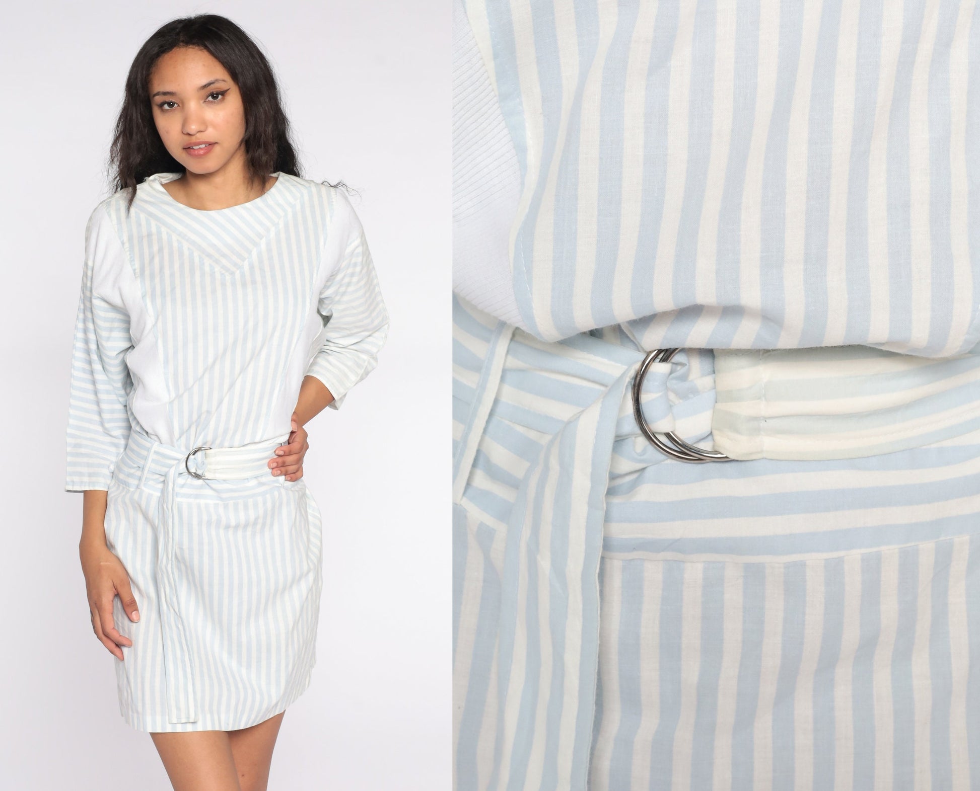 80s Striped Mini Dress White Blue 3/4 Sleeve High Waisted Medium