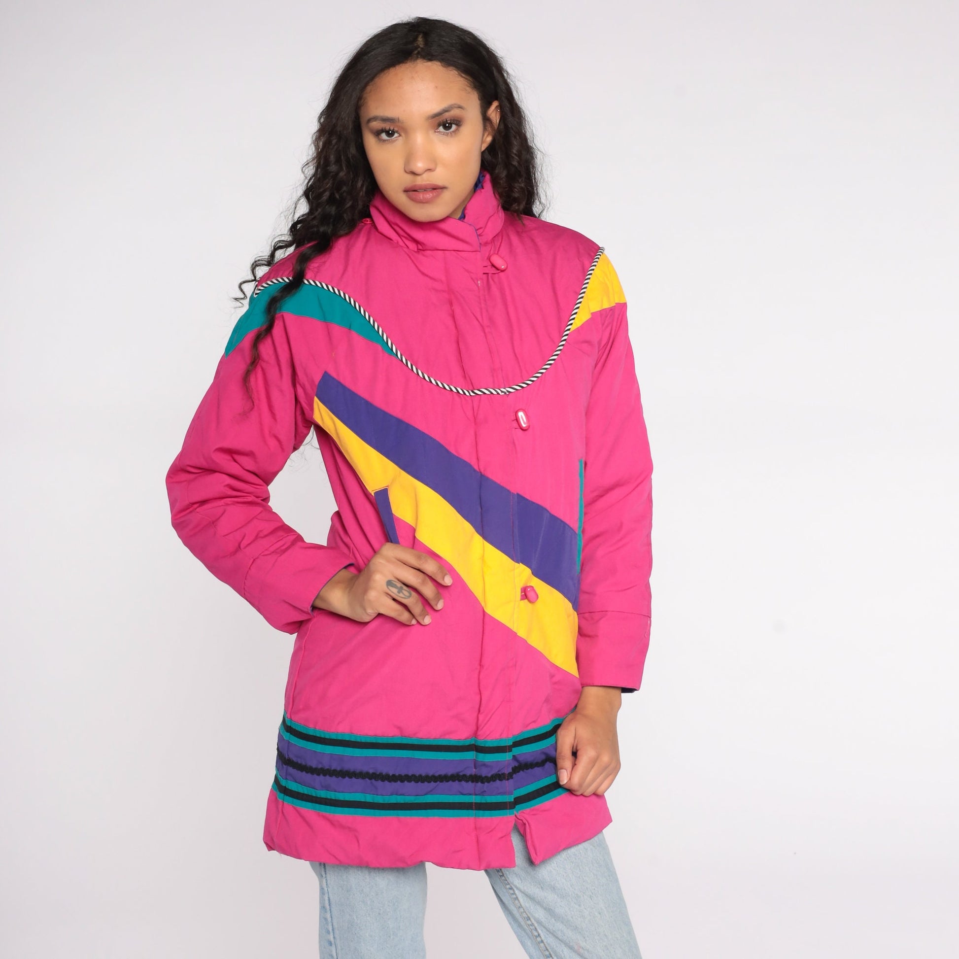 80s Neon Pink Puffer Ski Jacket Abstract Stripe Toggle Buttons Floral Lining Extra Small XS