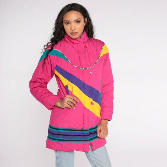 80s Neon Pink Puffer Ski Jacket Abstract Stripe Toggle Buttons Floral Lining Extra Small XS