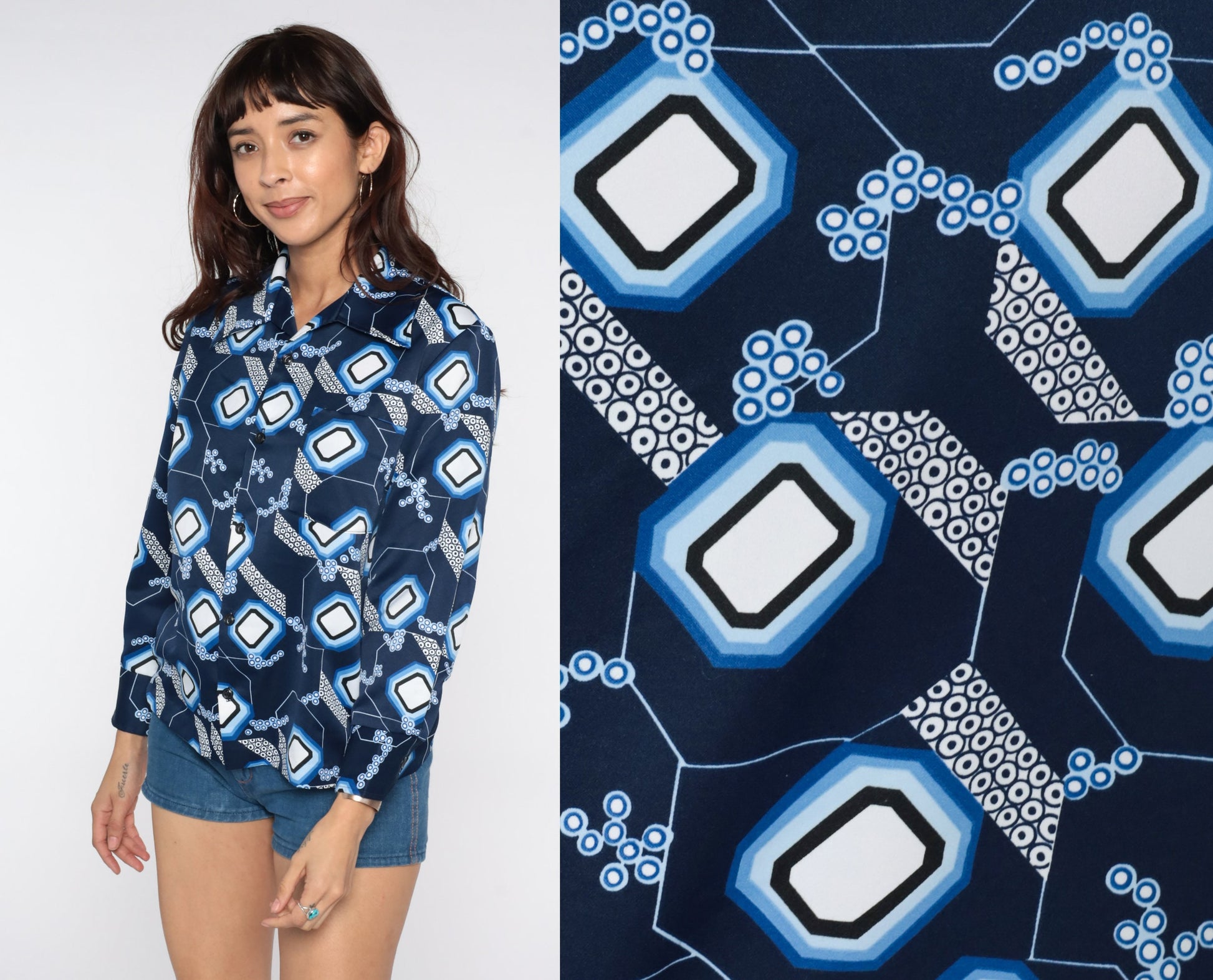 70s Geometric Blue Dagger Collar Button-Up Shirt Long Sleeve Large L