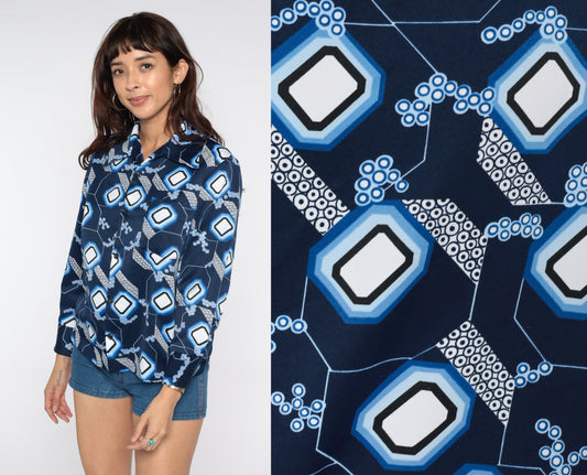 70s Geometric Blue Dagger Collar Button-Up Shirt Long Sleeve Large L