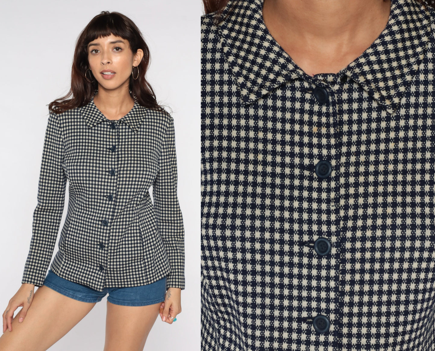 60s Navy Plaid Wool Blazer Jacket Mod Checkered Small