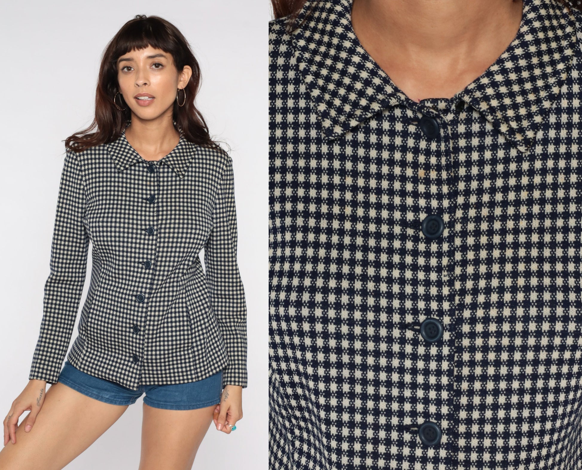 60s Navy Plaid Wool Blazer Jacket Mod Checkered Small
