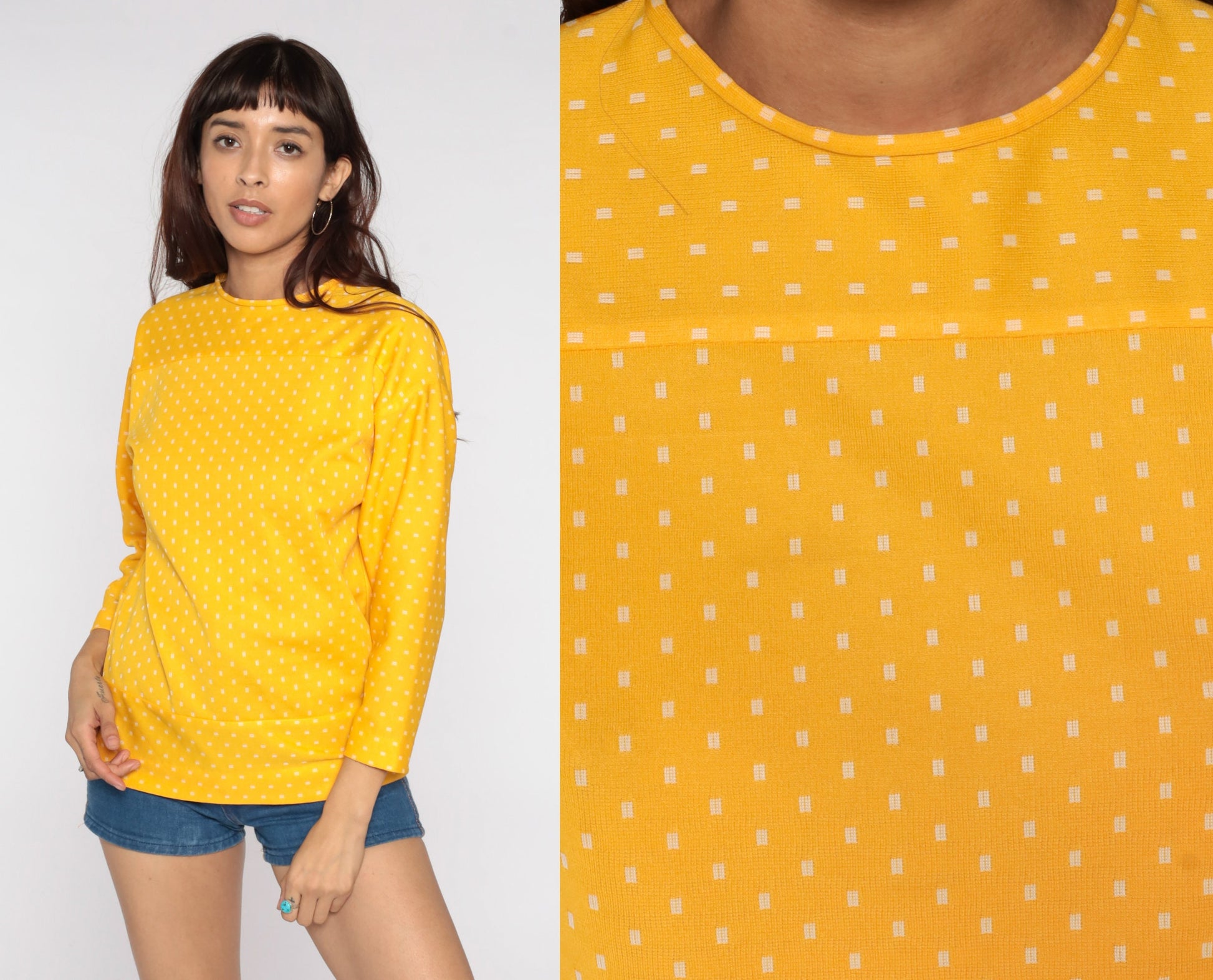 70s Yellow Polka Dot Blouse Drop Shoulder Long Sleeve Polyester Top Medium