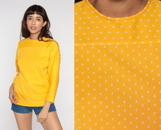 70s Yellow Polka Dot Blouse Drop Shoulder Long Sleeve Polyester Top Medium