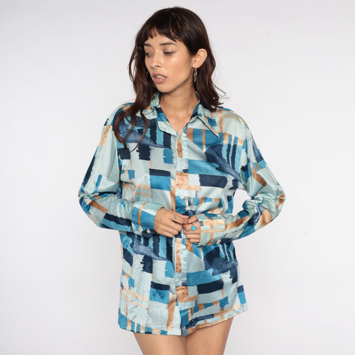 70s Opus I Psychedelic Print Button-Up Shirt Long Sleeve Blue Brushstroke Large