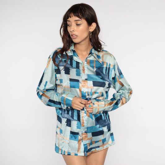 70s Opus I Psychedelic Print Button-Up Shirt Long Sleeve Blue Brushstroke Large