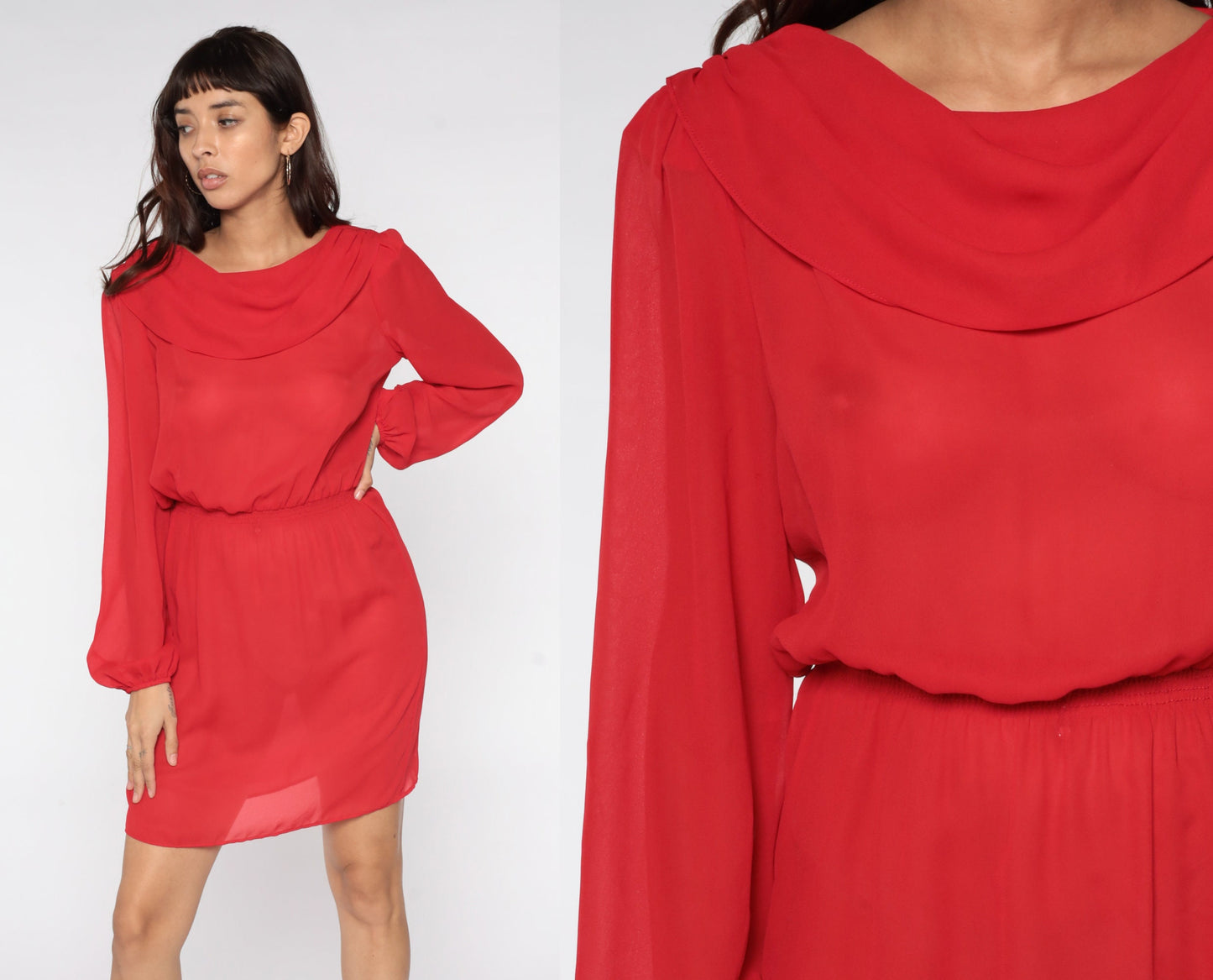 80s Red Cowl Neck Midi Dress Puff Sleeve High Waisted Sheer Small S