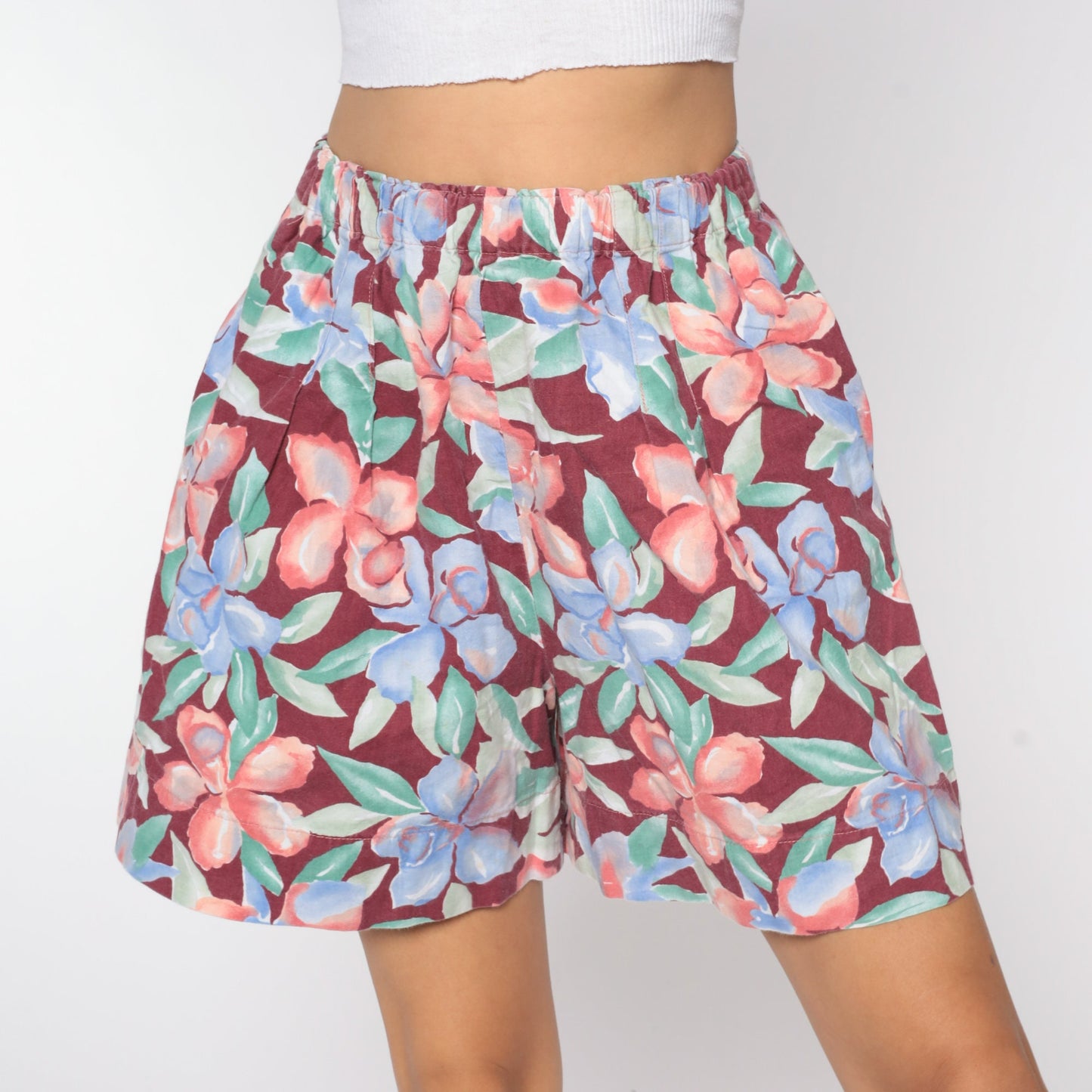 90s Floral High-Waist Baggy Shorts Burgundy Wide Leg Small Medium