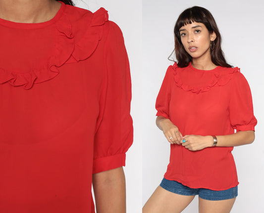 80s Red Sheer Blouse Ruffled Neckline Puff Sleeve Button Back Medium