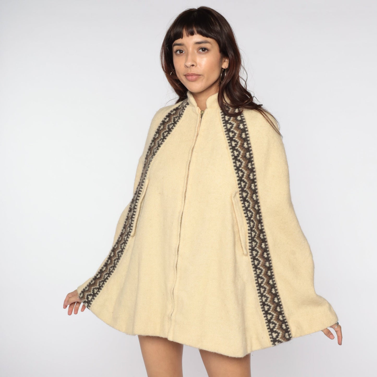 1960s Icelandic Wool Cape Cream Zip Jacket Mod Medium