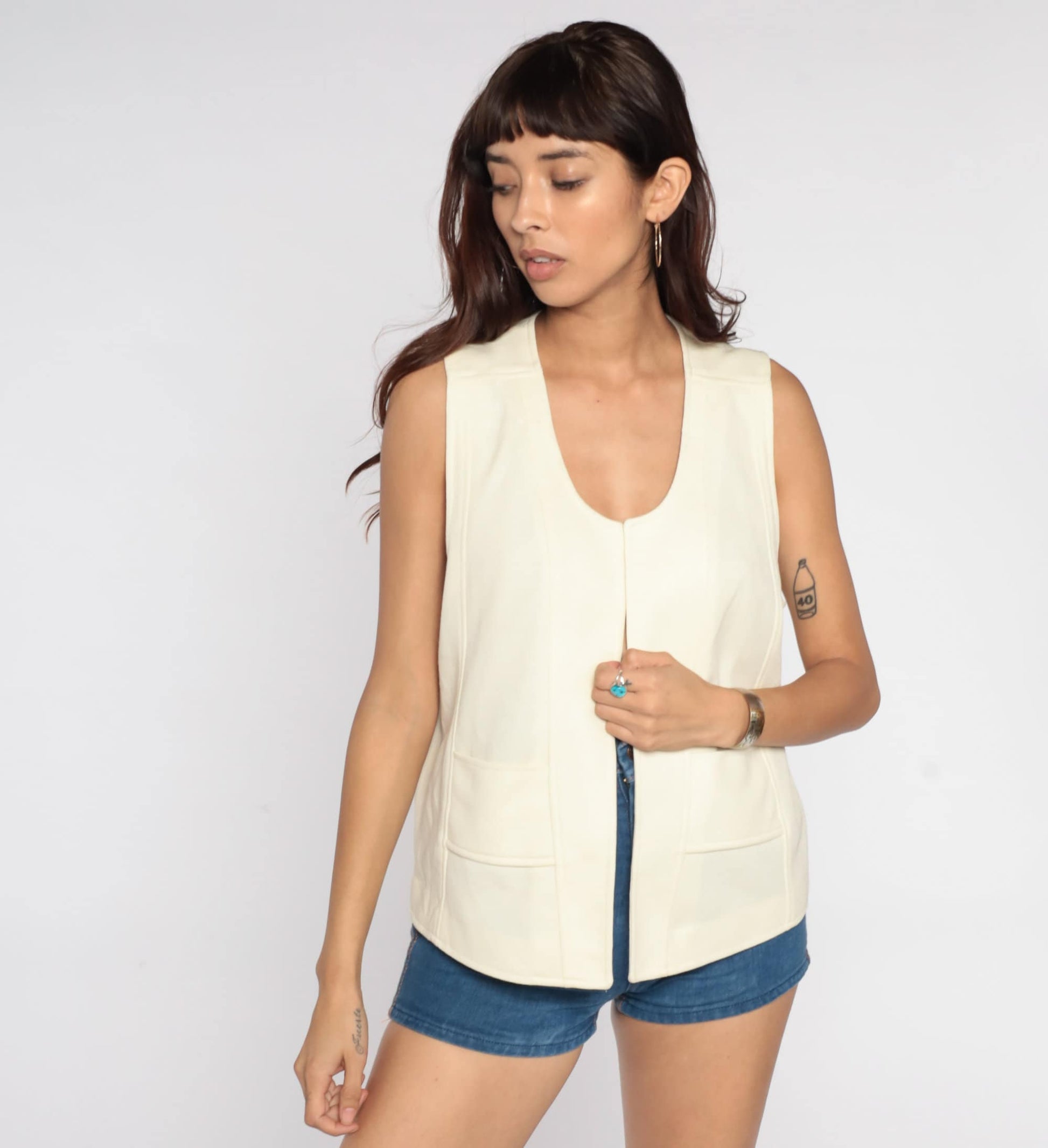 70s Cream Open Front Sleeveless Vest Large L