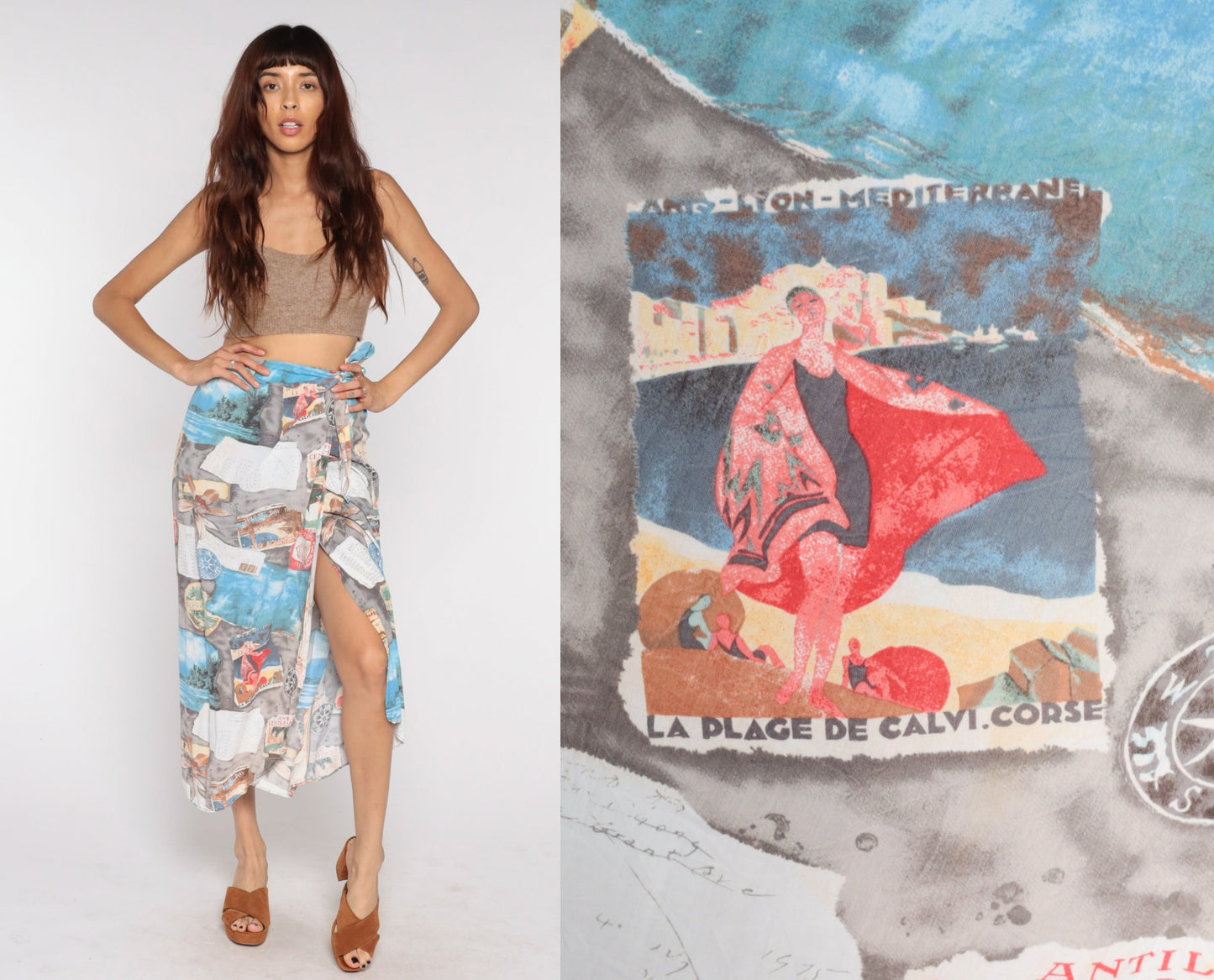 90s Jams World Tropical Wrap Midi Skirt Corsica France Print Small
