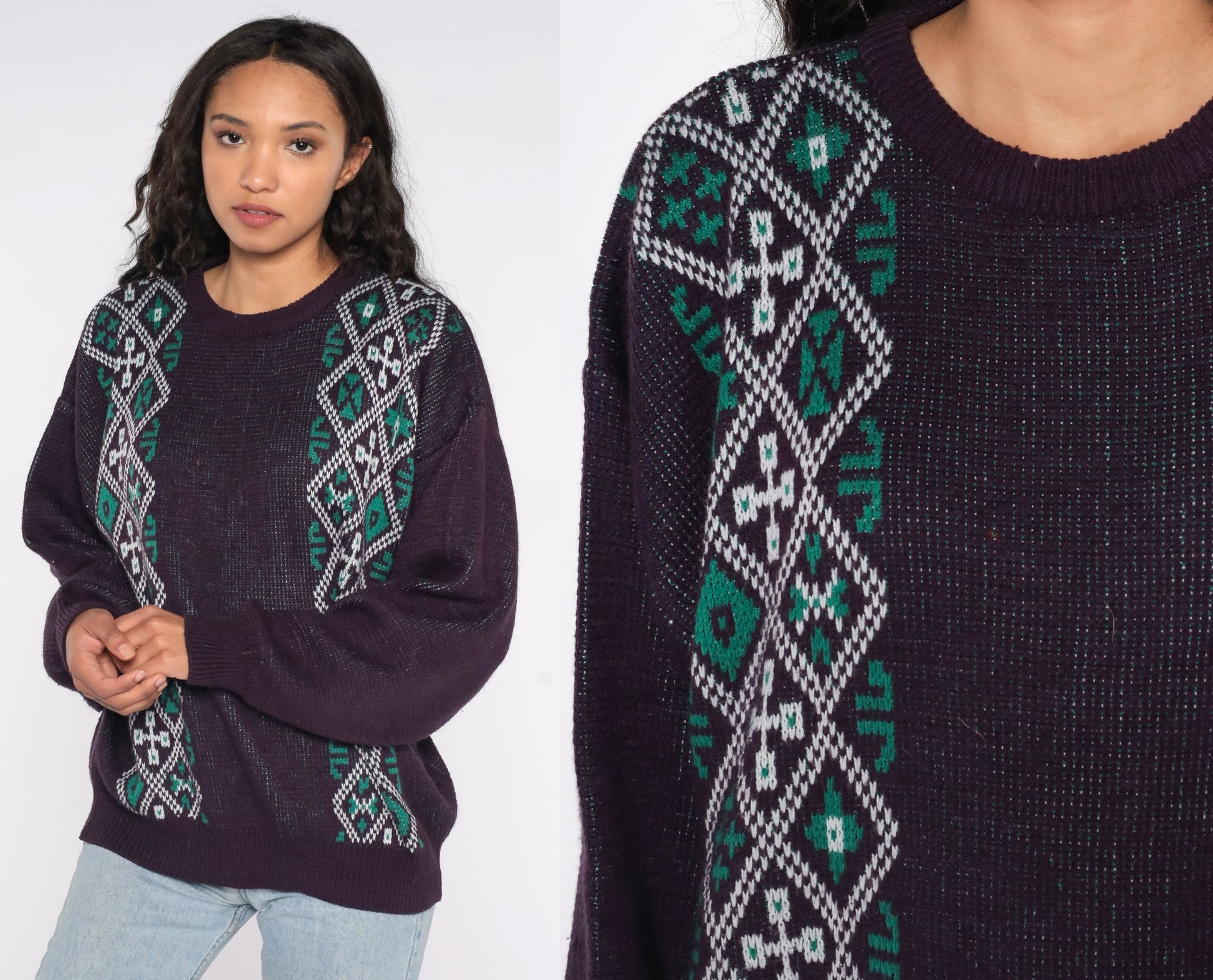 80s Fair Isle Sweater Eggplant Purple Geometric Knit Crewneck Extra Large