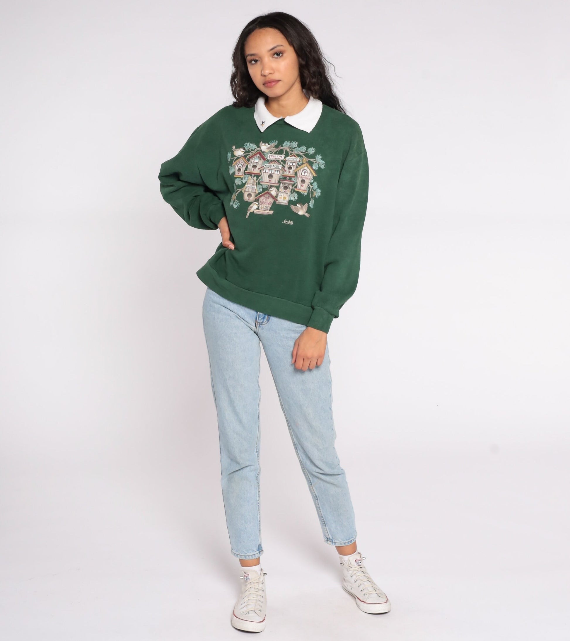 90s Bird Graphic Sweatshirt Green Collared Crewneck Large