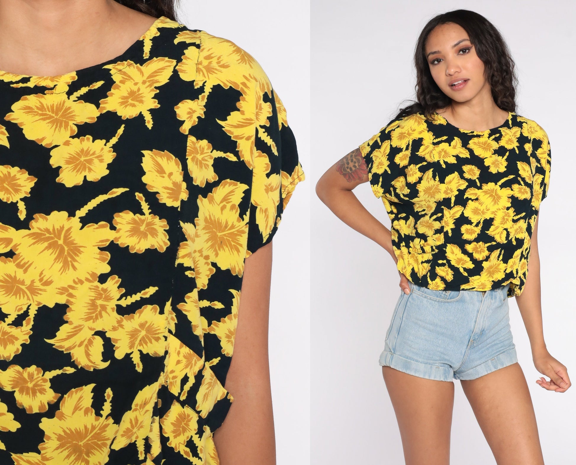 90s Yellow Floral Rayon Shirt Short Sleeve Blouse Small