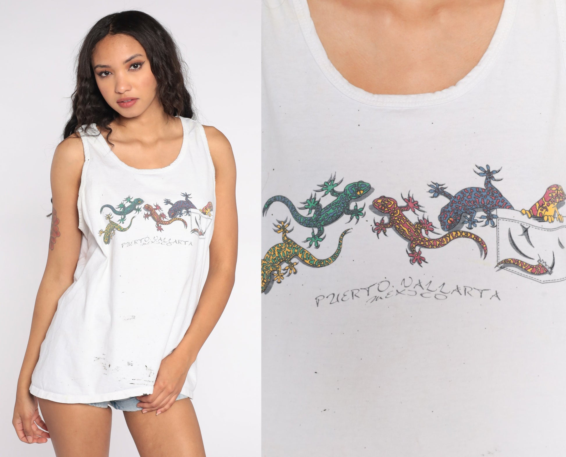 90s Puerto Vallarta Gecko Tank Top White Graphic Sleeveless Shirt Large
