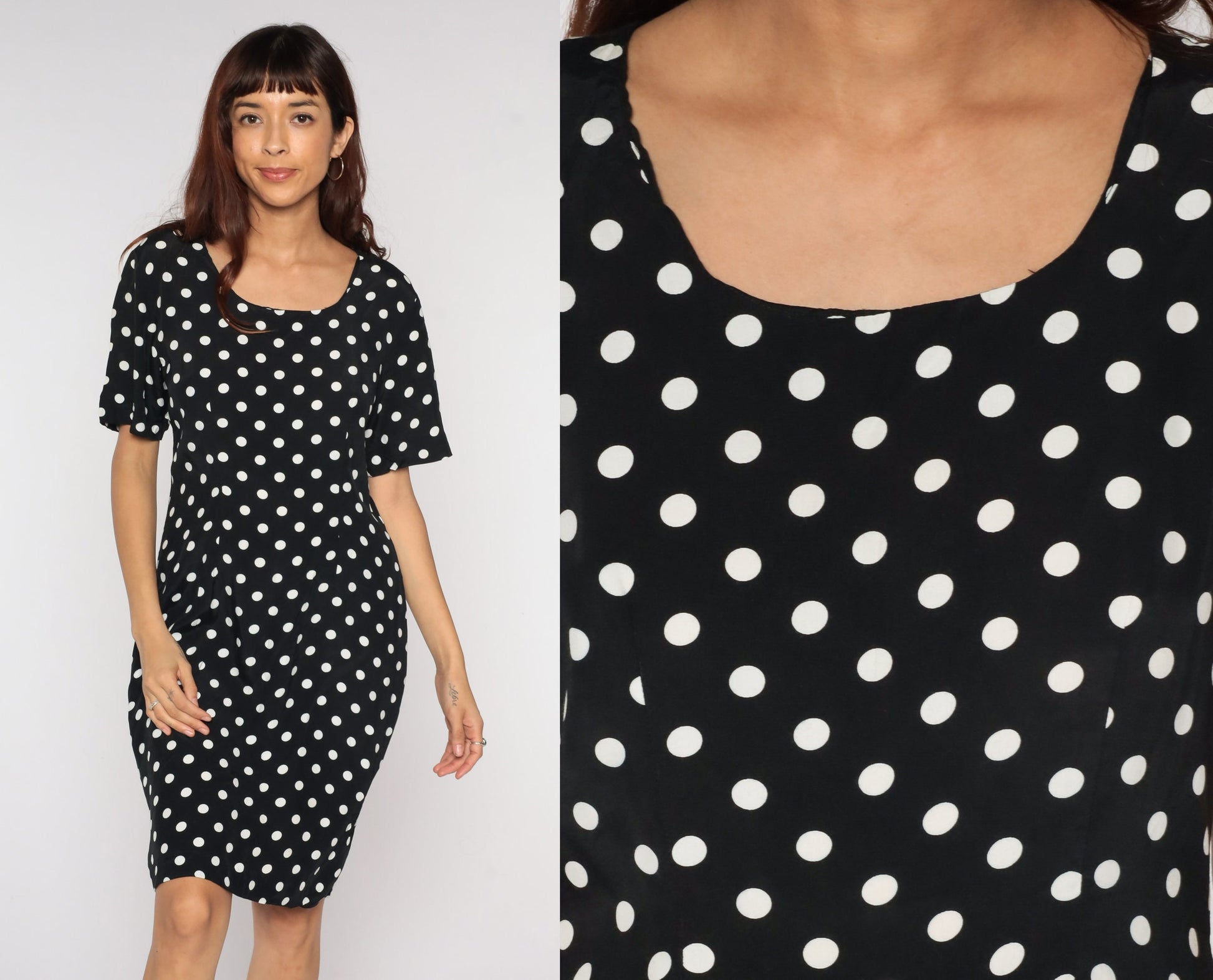 90s Polka Dot Mini Dress Black White Shift Short Sleeve Medium
