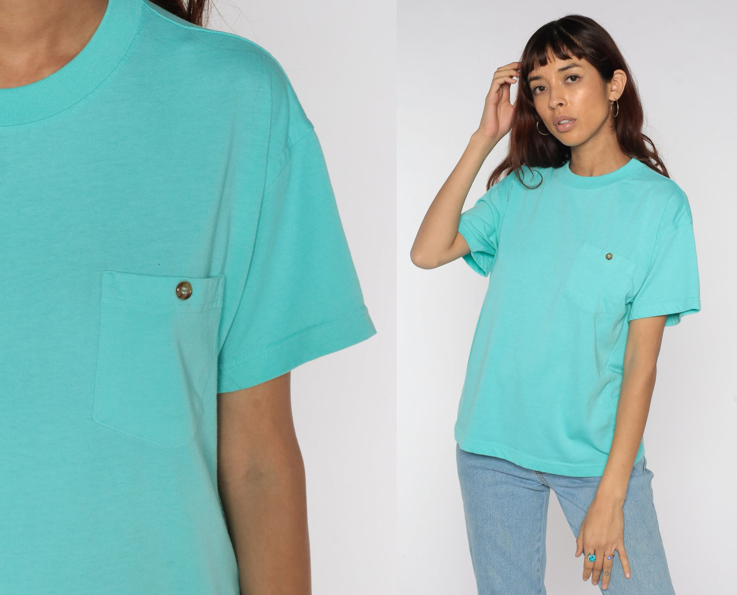 80s Turquoise Blue Pocket T-Shirt Cotton Blend Plain Tee Small S